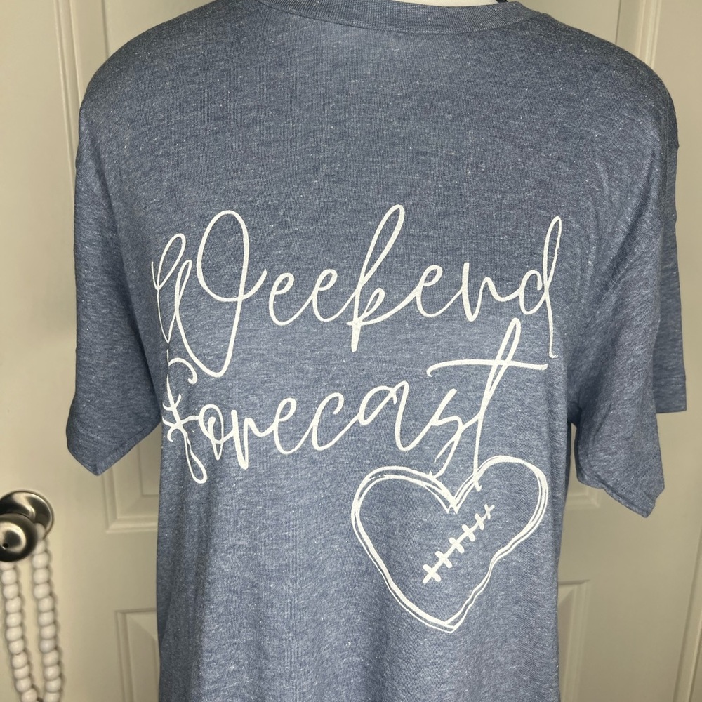 Blue Graphic Tee with football heart “weekend forecast”